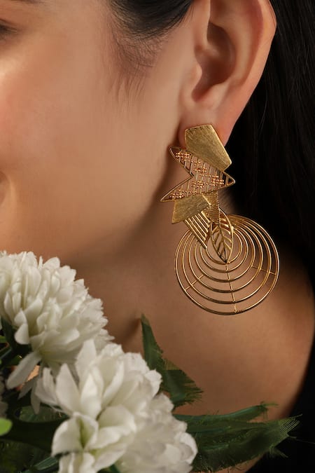 Shop Itrana Gold Plated Cut Work, Chains Circular Cutwork Earrings at Aza Fashions Shop_Itrana_Gold Plated Cut Work, Chains Circular Cutwork Earrings _at_Aza_Fashions