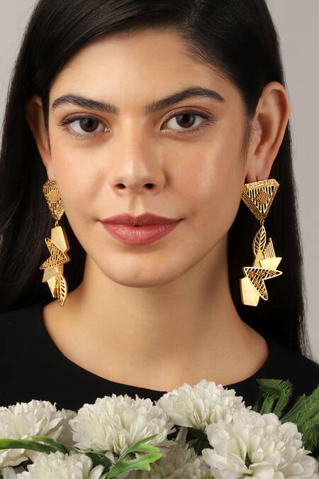 Itrana Gold Plated Cut Work, Chains Triangle Shaped Earrings at Aza Fashions Itrana_Gold Plated Cut Work, Chains Triangle Shaped Earrings _at_Aza_Fashions