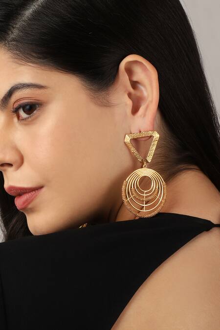 Shop Itrana Gold Plated Cut Work, Chains Geometric Shaped Earrings at Aza Fashions Shop_Itrana_Gold Plated Cut Work, Chains Geometric Shaped Earrings _at_Aza_Fashions