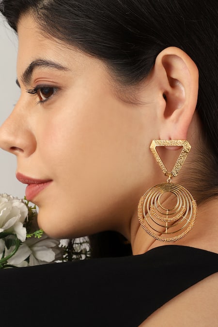 Itrana Gold Plated Cut Work, Chains Geometric Shaped Earrings at Aza Fashions Itrana_Gold Plated Cut Work, Chains Geometric Shaped Earrings _at_Aza_Fashions