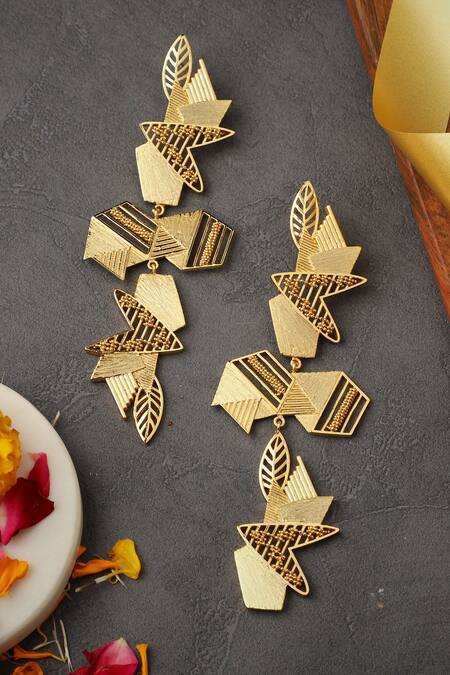 Shop Itrana Gold Plated Cut Work, Chains Abstract Pattern Cutwork Earrings Online at Aza Fashions Shop_Itrana_Gold Plated Cut Work, Chains Abstract Pattern Cutwork Earrings _Online_at_Aza_Fashions