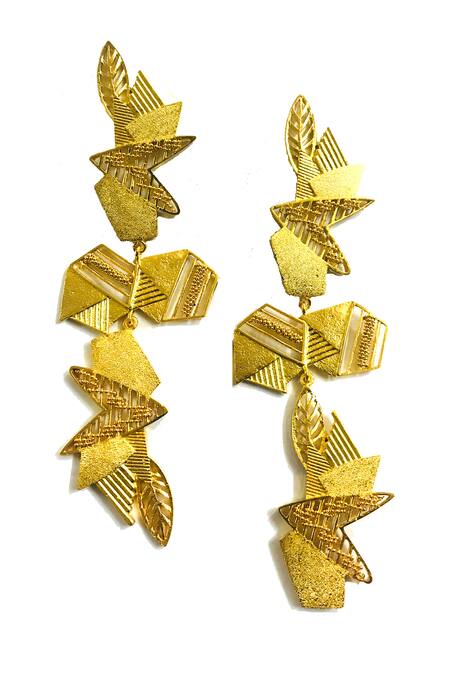 Itrana Gold Plated Cut Work, Chains Abstract Pattern Cutwork Earrings at Aza Fashions Itrana_Gold Plated Cut Work, Chains Abstract Pattern Cutwork Earrings _at_Aza_Fashions