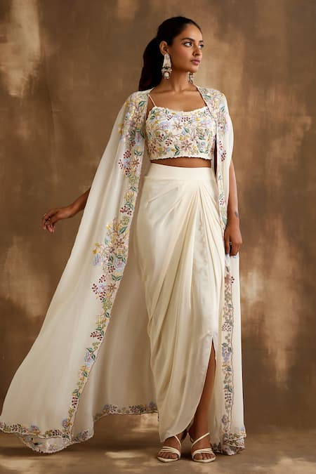 Niamh By Kriti Floral Embroidered Border Cape Draped Skirt Set 