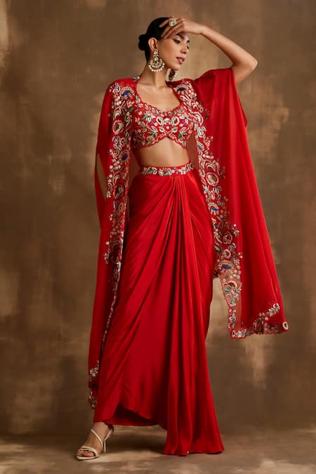 Niamh By Kriti Red Silk Crepe And Organza Embroidered Floral Blossom Border Draped Skirt Set 