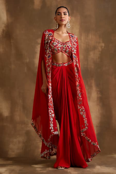 Niamh By Kriti_Red Silk, Organza Embroidery Square Neck Blossom Border Cape Draped Skirt Set _Online_at_Aza_Fashions