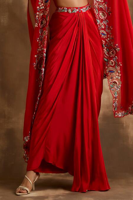 Buy_Niamh By Kriti_Red Silk, Organza Embroidery Square Neck Blossom Border Cape Draped Skirt Set _Online_at_Aza_Fashions