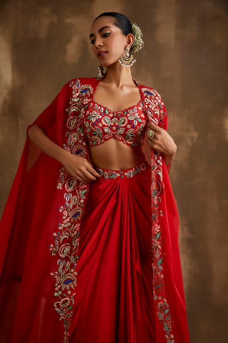 Shop_Niamh By Kriti_Red Silk, Organza Embroidery Square Neck Blossom Border Cape Draped Skirt Set _Online_at_Aza_Fashions