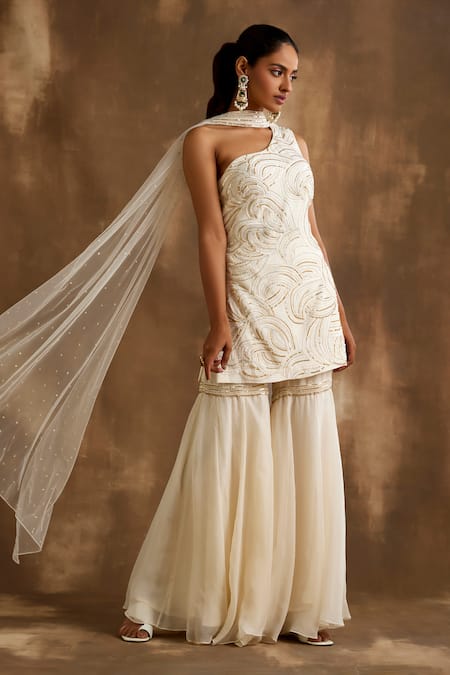 Niamh By Kriti_Ivory Silk, Organza, Net Sequins, Cut Work One Embroidered Kurta Gharara Set _Online_at_Aza_Fashions
