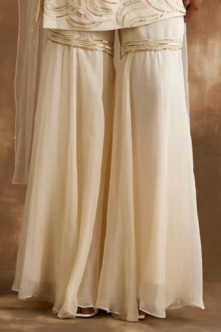 Buy_Niamh By Kriti_Ivory Silk, Organza, Net Sequins, Cut Work One Embroidered Kurta Gharara Set _Online_at_Aza_Fashions