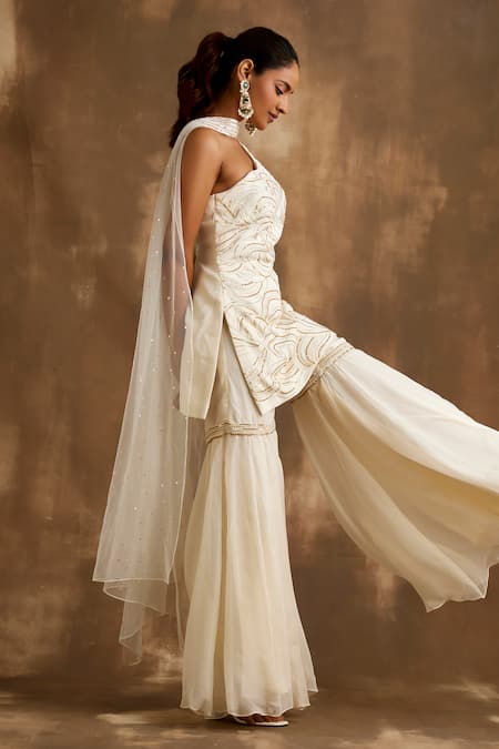 Shop_Niamh By Kriti_Ivory Silk, Organza, Net Sequins, Cut Work One Embroidered Kurta Gharara Set _Online_at_Aza_Fashions