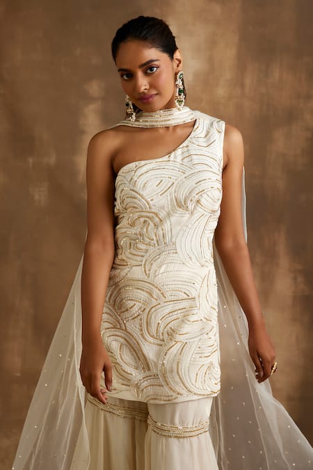 Niamh By Kriti_Ivory Silk, Organza, Net Sequins, Cut Work One Embroidered Kurta Gharara Set _at_Aza_Fashions