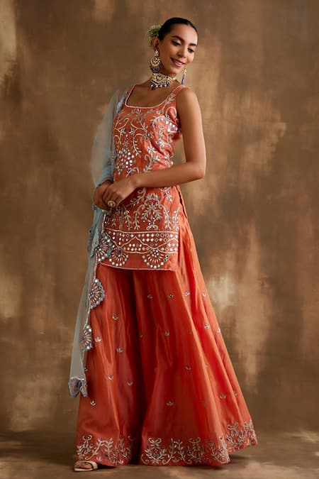 Buy Niamh By Kriti Orange Net, , Organza Embroidery, Gota Patti, Mirrors Kurta Sharara Set Online at Aza Fashions Buy_Niamh By Kriti_Orange Net, , Organza Embroidery, Gota Patti, Mirrors Kurta Sharara Set _Online_at_Aza_Fashions