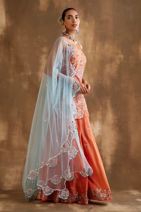 Shop Niamh By Kriti Orange Net, , Organza Embroidery, Gota Patti, Mirrors Kurta Sharara Set Online at Aza Fashions Shop_Niamh By Kriti_Orange Net, , Organza Embroidery, Gota Patti, Mirrors Kurta Sharara Set _Online_at_Aza_Fashions