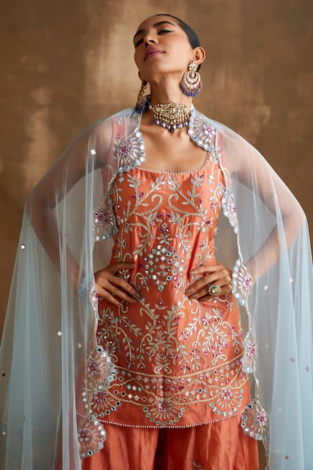 Niamh By Kriti Orange Net, , Organza Embroidery, Gota Patti, Mirrors Kurta Sharara Set at Aza Fashions Niamh By Kriti_Orange Net, , Organza Embroidery, Gota Patti, Mirrors Kurta Sharara Set _at_Aza_Fashions