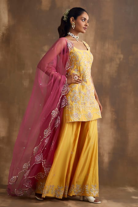 Niamh By Kriti_Yellow Silk, Chanderi, Net Embroidery, Gota Patti, Floral Kurta Sharara Set _Online_at_Aza_Fashions
