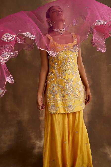Buy_Niamh By Kriti_Yellow Silk, Chanderi, Net Embroidery, Gota Patti, Floral Kurta Sharara Set _Online_at_Aza_Fashions