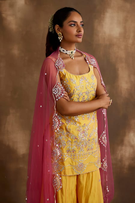 Shop_Niamh By Kriti_Yellow Silk, Chanderi, Net Embroidery, Gota Patti, Floral Kurta Sharara Set _Online_at_Aza_Fashions