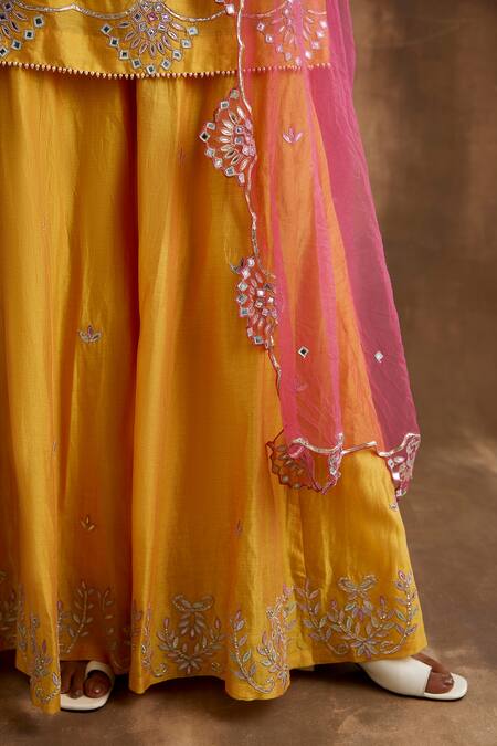 Niamh By Kriti_Yellow Silk, Chanderi, Net Embroidery, Gota Patti, Floral Kurta Sharara Set _at_Aza_Fashions