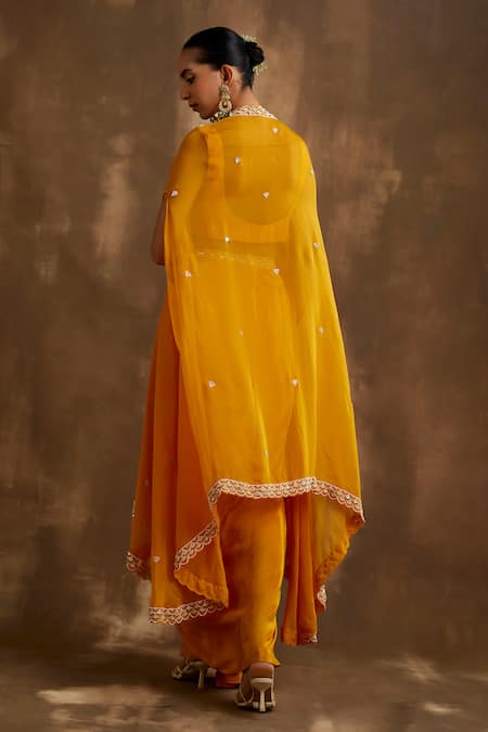 Shop_Niamh By Kriti_Yellow Silk Embroidery, Cut Work Square Cutdana Border Cape Draped Skirt Set _at_Aza_Fashions