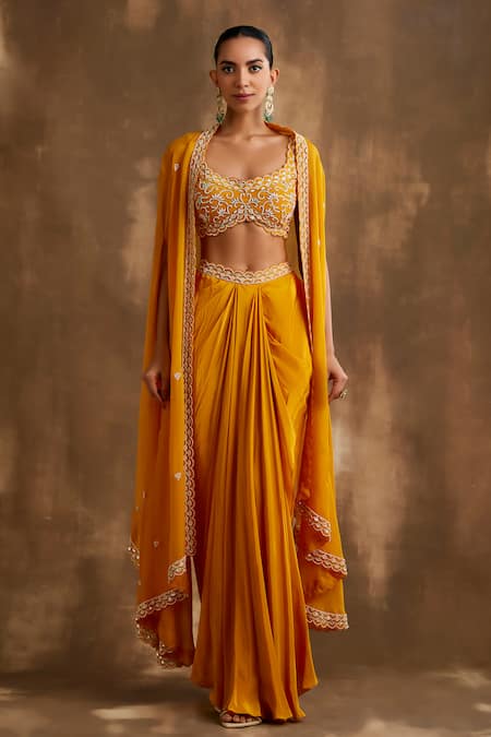 Niamh By Kriti_Yellow Silk Embroidery, Cut Work Square Cutdana Border Cape Draped Skirt Set _Online_at_Aza_Fashions