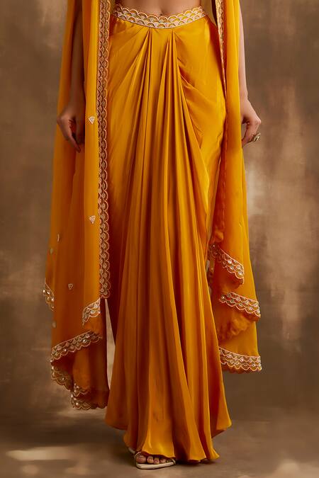 Buy_Niamh By Kriti_Yellow Silk Embroidery, Cut Work Square Cutdana Border Cape Draped Skirt Set _Online_at_Aza_Fashions