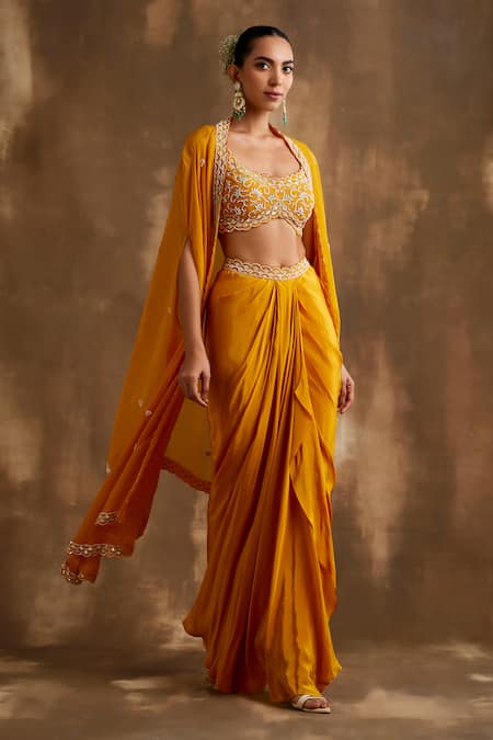 Shop_Niamh By Kriti_Yellow Silk Embroidery, Cut Work Square Cutdana Border Cape Draped Skirt Set _Online_at_Aza_Fashions