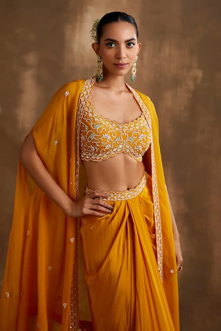 Niamh By Kriti_Yellow Silk Embroidery, Cut Work Square Cutdana Border Cape Draped Skirt Set _at_Aza_Fashions