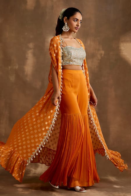 Niamh By Kriti_Orange Georgette Mirrors Square Neck Floral Pattern Cape Gharara Set _Online_at_Aza_Fashions
