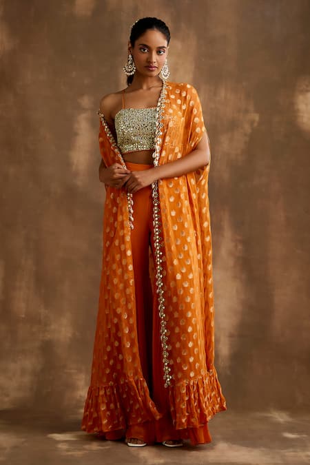 Shop_Niamh By Kriti_Orange Georgette Mirrors Square Neck Floral Pattern Cape Gharara Set _Online_at_Aza_Fashions