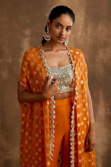 Niamh By Kriti_Orange Georgette Mirrors Square Neck Floral Pattern Cape Gharara Set _at_Aza_Fashions