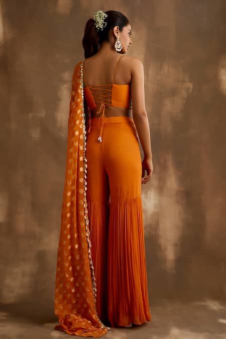 Buy_Niamh By Kriti_Orange Georgette Mirrors Square Neck Floral Pattern Cape Gharara Set 