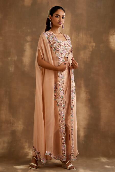 Niamh By Kriti_Beige Silk, Organza Embroidery Cutdana Floral Border Cape Draped Skirt Set _Online_at_Aza_Fashions