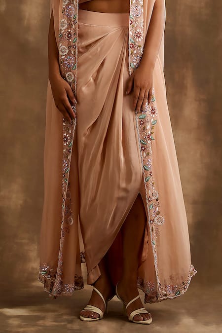 Buy_Niamh By Kriti_Beige Silk, Organza Embroidery Cutdana Floral Border Cape Draped Skirt Set _Online_at_Aza_Fashions
