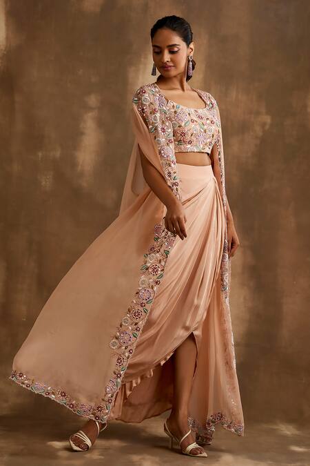 Shop_Niamh By Kriti_Beige Silk, Organza Embroidery Cutdana Floral Border Cape Draped Skirt Set _Online_at_Aza_Fashions