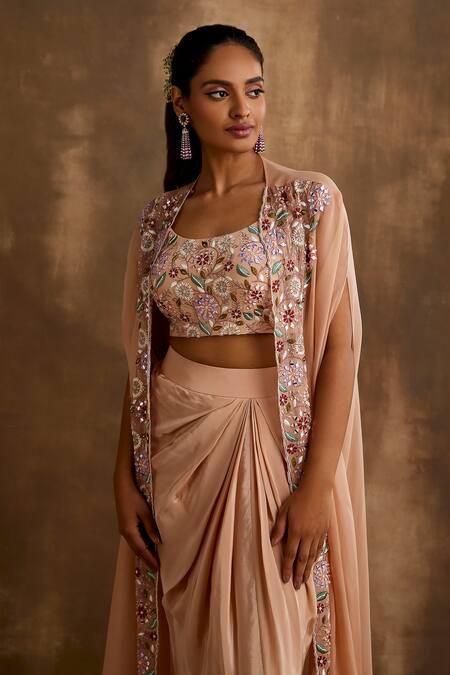 Niamh By Kriti_Beige Silk, Organza Embroidery Cutdana Floral Border Cape Draped Skirt Set _at_Aza_Fashions