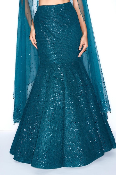 Buy_Niamh By Kriti_Blue Lycra, Satin, Chiffon Sequins Sweetheart Embellished Mermaid Lehenga Set _Online_at_Aza_Fashions