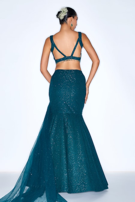 Niamh By Kriti_Blue Lycra, Satin, Chiffon Sequins Sweetheart Embellished Mermaid Lehenga Set _at_Aza_Fashions