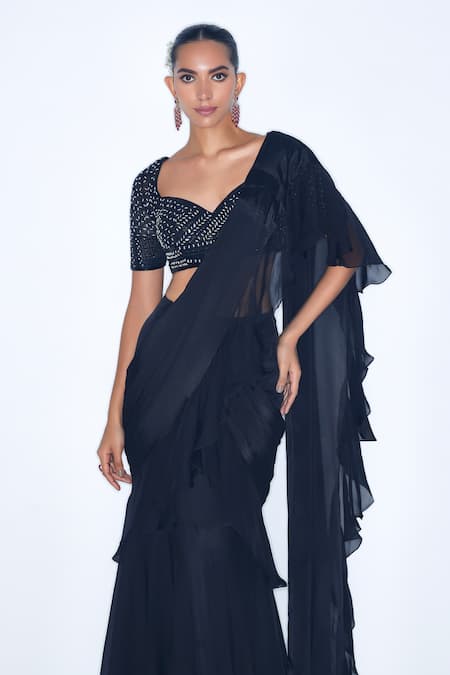 Niamh By Kriti Black Chiffon, Silk Organza, Pre Draped Ruffle Saree With Embroidered Blouse Online at Aza Fashions Niamh By Kriti_Black Chiffon, Silk Organza, Pre Draped Ruffle Saree With Embroidered Blouse _Online_at_Aza_Fashions
