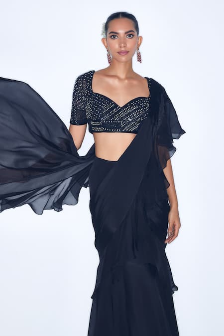 Buy Niamh By Kriti Black Chiffon, Silk Organza, Pre Draped Ruffle Saree With Embroidered Blouse Online at Aza Fashions Buy_Niamh By Kriti_Black Chiffon, Silk Organza, Pre Draped Ruffle Saree With Embroidered Blouse _Online_at_Aza_Fashions
