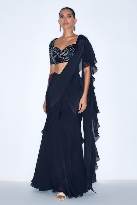Shop Niamh By Kriti Black Chiffon, Silk Organza, Pre Draped Ruffle Saree With Embroidered Blouse Online at Aza Fashions Shop_Niamh By Kriti_Black Chiffon, Silk Organza, Pre Draped Ruffle Saree With Embroidered Blouse _Online_at_Aza_Fashions