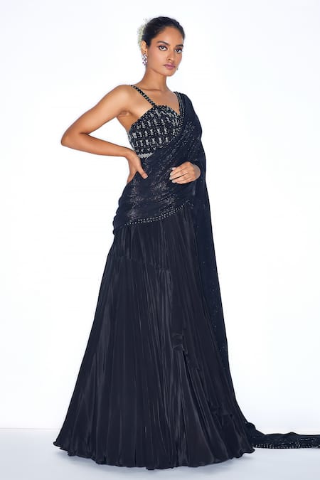 Niamh By Kriti_Blue Chiffon, , Satin Draped Lehenga With Cutdana Embroidered Blouse _Online_at_Aza_Fashions