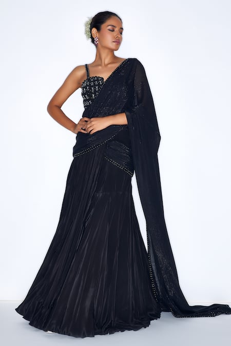 Buy_Niamh By Kriti_Blue Chiffon, , Satin Draped Lehenga With Cutdana Embroidered Blouse _Online_at_Aza_Fashions