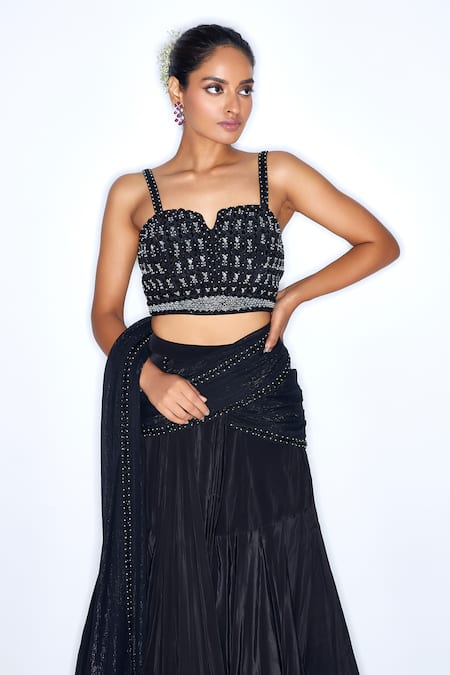 Shop_Niamh By Kriti_Blue Chiffon, , Satin Draped Lehenga With Cutdana Embroidered Blouse _Online_at_Aza_Fashions