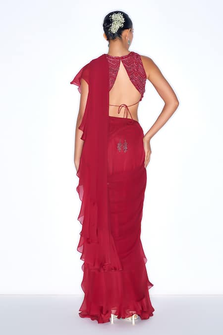 Niamh By Kriti Ruffle Pre Draped Saree With Embroidered Blouse 