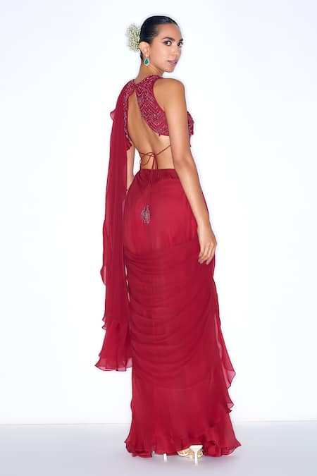 Niamh By Kriti_Red Chiffon, Organza, Satin Cut Work, Ruffle Pre Draped Saree With Blouse _Online_at_Aza_Fashions