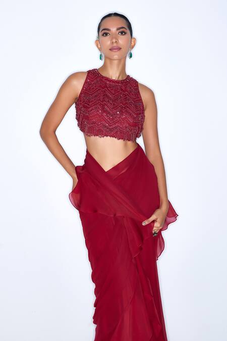 Shop_Niamh By Kriti_Red Chiffon, Organza, Satin Cut Work, Ruffle Pre Draped Saree With Blouse _Online_at_Aza_Fashions