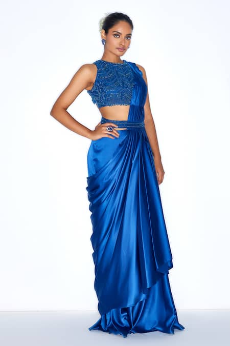 Niamh By Kriti Blue Silk, Satin Cut Work, Embroidery Round Neck Pre Draped Saree With Blouse Online at Aza Fashions Niamh By Kriti_Blue Silk, Satin Cut Work, Embroidery Round Neck Pre Draped Saree With Blouse _Online_at_Aza_Fashions