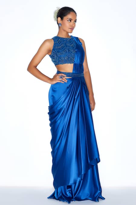 Buy Niamh By Kriti Blue Silk, Satin Cut Work, Embroidery Round Neck Pre Draped Saree With Blouse Online at Aza Fashions Buy_Niamh By Kriti_Blue Silk, Satin Cut Work, Embroidery Round Neck Pre Draped Saree With Blouse _Online_at_Aza_Fashions