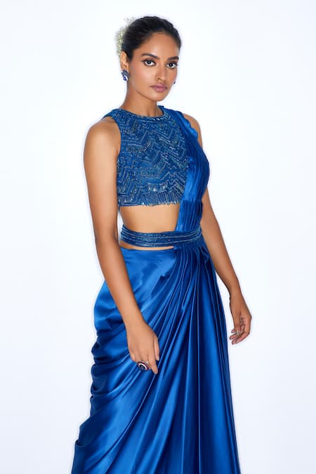 Shop Niamh By Kriti Blue Silk, Satin Cut Work, Embroidery Round Neck Pre Draped Saree With Blouse Online at Aza Fashions Shop_Niamh By Kriti_Blue Silk, Satin Cut Work, Embroidery Round Neck Pre Draped Saree With Blouse _Online_at_Aza_Fashions