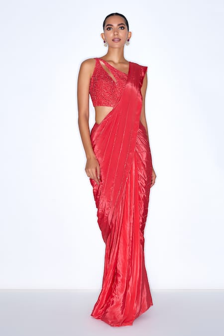 Niamh By Kriti Red Silk, Crepe Sequins, Cut Work One Embroidered Pre Draped Saree With Blouse Online at Aza Fashions Niamh By Kriti_Red Silk, Crepe Sequins, Cut Work One Embroidered Pre Draped Saree With Blouse _Online_at_Aza_Fashions